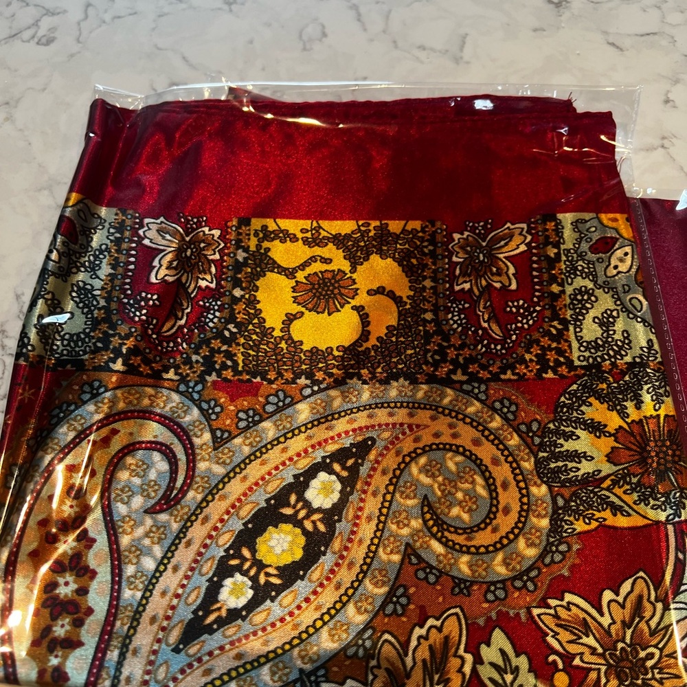 Paisley Satin Wrap Scarf in Red with Gold Accents 35”